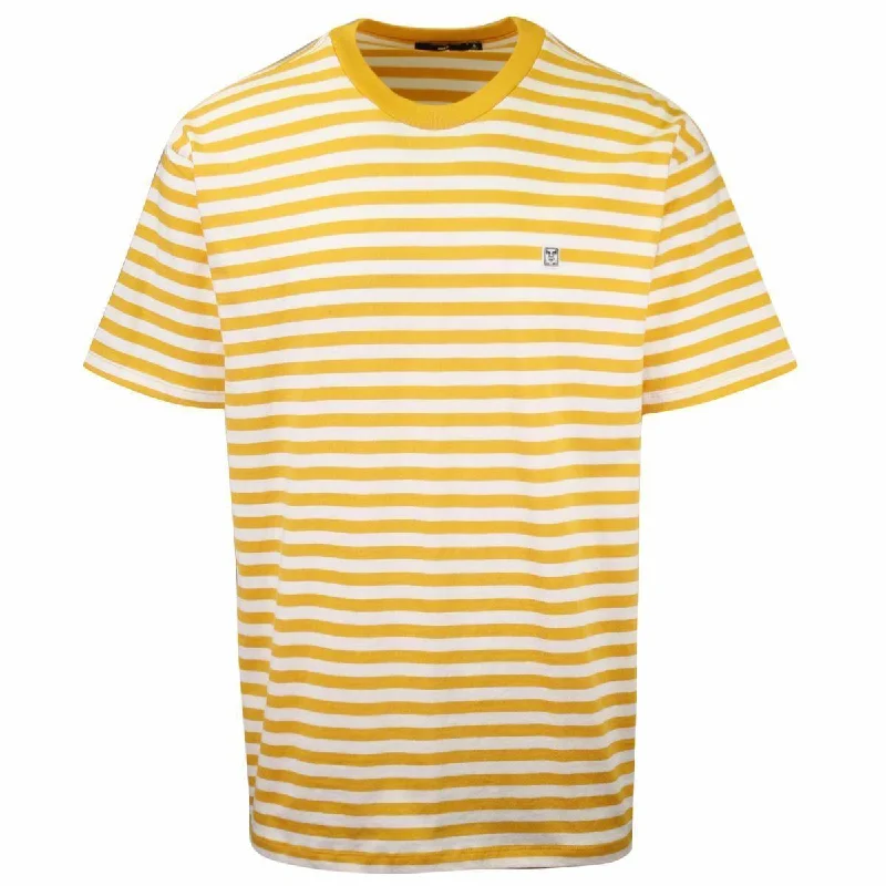 Men's slim - fit graphic t - shirts with vintage rock band printsOBEY Men's Yellow 89 Icon II Striped S/S T-Shirt (S01A)